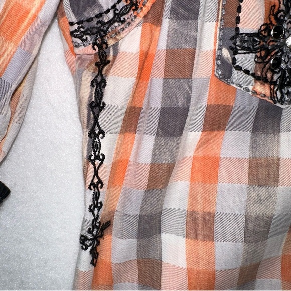 Roar Orange Faded Plaid Embellished Embroidered Button Front 3/4 Sleeve Top XL - Picture 4 of 13